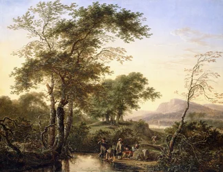 Eine weite italienische Flusslandschaft mit Reisenden an einem Teich, 1646