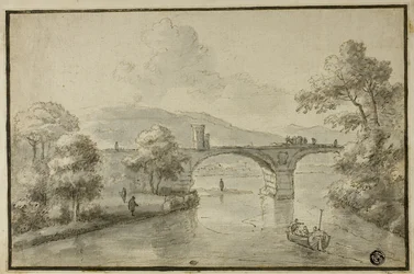 Fluss mit Bogenbrücke und Boot