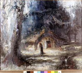 Das Haus der Ondinen. Dekor für die Oper „Das Rheingold“ von Richard Wagner. Gemälde von Hermann Hendrich. Wagner-Museum Bayreuth.