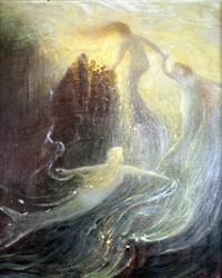 Bühnenbild für die Oper „Les filles du Rhine“ von Richard Wagner, geschaffen 1869: Gemälde von Herman Hendrich. Wagner-Museum Bayreuth