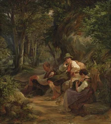 Drei Oberbayern ruhen auf einem Alpenpfad, 1841