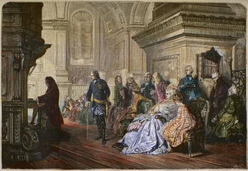 Der König von Preußen Friedrich II. der Große (1712-1786) hört dem Komponisten Johann Sebastian Bach beim Spiel am Hof zu, Stich nach einem Gemälde von Kaulbach - Friedrich II. der Große, König von Preußen, hört Johann Sebastian Bach an der Orgel in