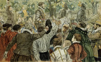 Henri de Guise (1549-1588), Anführer der Katholischen Liga, nach dem Tag der Barrikaden (12. Mai 1588) von den Parisern bejubelt. Illustration 1907 von Hermann Vogel (1856-1918). Privatsammlung.