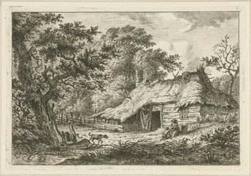 Bauernhof mit Frau, Kind und Hund