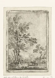 Landschaft mit hohen Bäumen und Pferd und Wagen