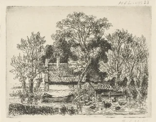 Flusslandschaft mit einem Boot und Enten