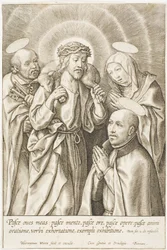 Ignatius von Loyola kniet vor Christus, der Jungfrau und dem heiligen Petrus