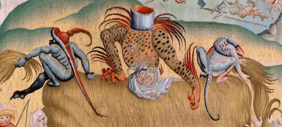 Serie Vier Wandteppiche nach Hieronymus Bosch. Drangsale des menschlichen Lebens. Dritter Wandteppich der Serie. Modell inspiriert von Hieronymus Bosch. Unbekannte Werkstatt, Brüssel. Vor 1560.