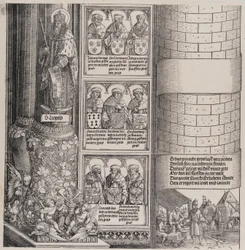 Maximilian als Architekt, mit einer Statue des Heiligen Leopold und Büsten von Maximilians Vorfahren, 1517-1518