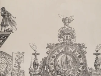 Der Gipfel des rechten Portals und ein Trompeter und Standarte vom zentralen Portal, ca. 1515