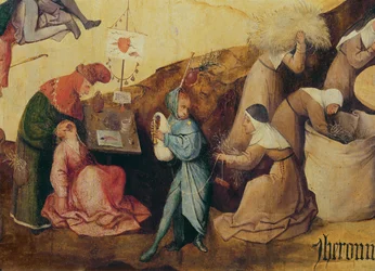 Der Zahnzieher, der Dudelsackspieler und die Holzsammler, Detail des zentralen Panels des Heuwagen-Triptychons, um 1515 (Detail)
