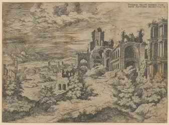 Palatinruinen mit Landschaftspanorama, Blatt 3 der Folge "Praecipua aliquot Romanae Antiquitatis Ruinarum Monimenta [...]"
