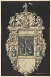 Entwurf für ein Epitaph mit der Kreuzigung Christi. Ein reich verzierter Rahmen mit zahlreichen Figuren