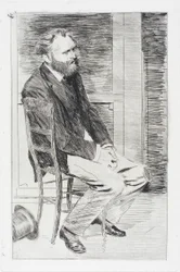 Manet sitzt, nach rechts gewandt