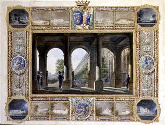 Der Palais Royal, Paris, umgeben von Vignetten der Kindheitsresidenzen von Charles Ferdinand, dem Herzog von Berry (1778-1820) und seiner Frau Maria Caroline von Bourbon