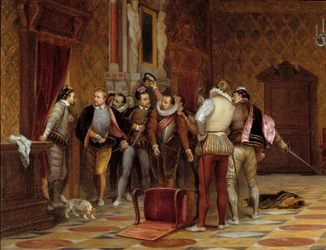Henri III (1574-1589) mit den Mördern des Herzogs von Guise