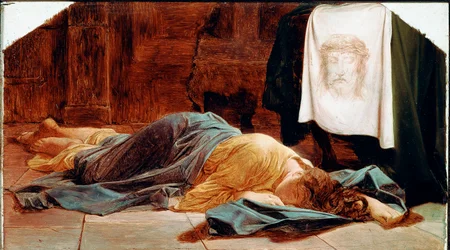 Heilige Veronika. Die junge Frau ist in der Nähe des Heiligen Schweißtuchs ohnmächtig. Das Heilige Tuch zeigt das Gesicht Christi, dessen Schweiß Veronika während des Aufstiegs nach Golgatha abgewischt haben soll. Gemälde von Paul Delaroche (1797-1856) 19.