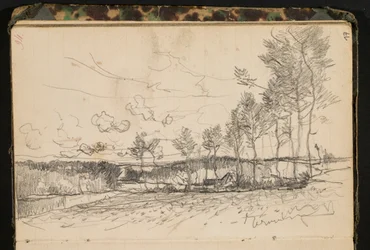Landschaft mit Bäumen und einem Bauernhof (Seite aus einem Skizzenbuch)