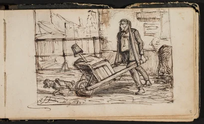 Mann mit Schubkarre und Hund (Seite aus einem Skizzenbuch)