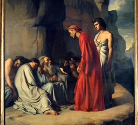Dante und Virgil in der Hölle oder Dante, geführt von Virgil, bietet den Seelen der Neidischen Trost. Illustration der Hölle der Göttlichen Komödie von Dante Alighieri