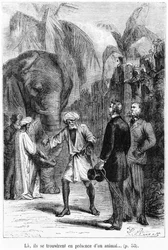 Phileas Fogg vor einem Elefanten, Illustration aus „In 80 Tagen um die Welt“ von Jules Verne (1828-1905), spätes 19. Jahrhundert