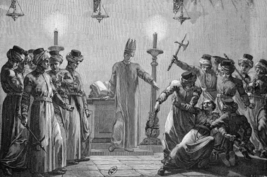Von den Daniten begangener Ritualmord nach den Behauptungen der Gegner der Mormonen, gezeichnet von David und gestochen von A. Gusmand