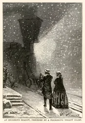Ein riesiger Schatten, begleitet von einem flackernden gelben Schein, aus In 80 Tagen um die Welt von Jules Verne (1828-1905) graviert von Adolphe François Pannemaker (1822-1900), 1873