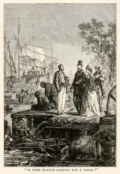 Sucht Eure Ehre ein Schiff?, aus In 80 Tagen um die Welt von Jules Verne (1828-1905), graviert von Louis Prevost, 1873