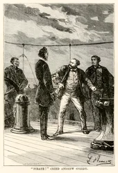 Pirat! rief Andrew Speedy., aus In 80 Tagen um die Welt von Jules Verne (1828-1905) graviert von Louis Dumont (geb. 1822), 1873