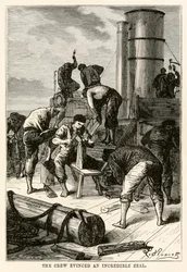 Die Besatzung zeigte einen unglaublichen Eifer, aus In 80 Tagen um die Welt von Jules Verne (1828-1905) graviert von Louis Dumont (geb. 1822), 1873