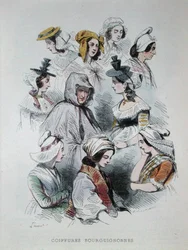Kopfbedeckungen burgundischer Bauern, aus dem Buch 