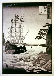Ein schwarzes (europäisches) Schiff vor der Küste von Tsushima