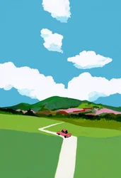 Durch die Wiese fahren in einem roten Auto