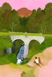 Die Brücke mit dem Hund bei Dämmerung beobachten