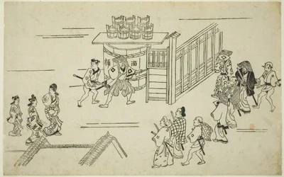 Eingang zu Ageyacho, aus der Serie "Das Erscheinungsbild von Yoshiwara (Yoshiwara no tei)", ca. 1681-84