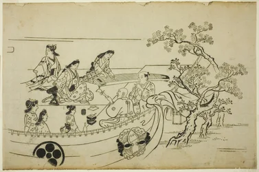 Blumenbetrachtungsparty mit Wappen-Vorhang, aus der Serie "Blumenbetrachtung in Ueno (Ueno hanami no tei)"