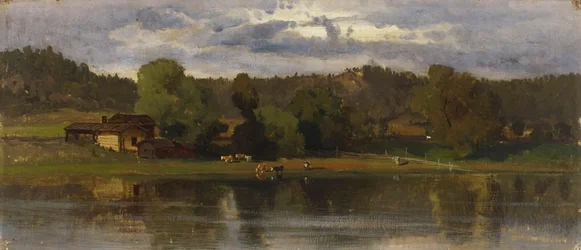 Kühe am Seeufer, Abendstimmung