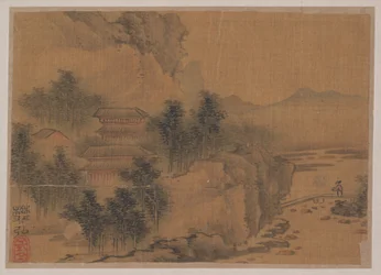 Landschaft mit Mann, der eine Brücke überquert