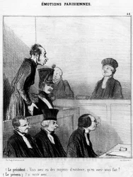 (Präsident) Sie hatten einen Lebensunterhalt, was haben Sie damit gemacht? (Der Angeklagte) Ich existiere mit...,, Serie von Karikaturen über Pariser Emotionen von Honore Daumier (1808-1879). „Charivari“