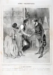 Werk von Honore Daumier (1843): Serie SCENES PARLIAMENTARY. Der Wahlbesuch