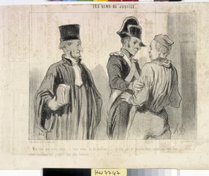 Werk von Honore Daumier (1845): Serie LES PEANS DE JUSTICE. „Mein Lieber, was willst du... wir hatten Pech... ich konnte deine Unschuld diesmal nicht beweisen... aber bei deinem nächsten Flug hoffe ich, glücklicher zu sein.“