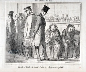 Werk von Honore Daumier (1808-1879). Charivari stammt aus dem Jahr 1855: Serie LES Chemins de fer - Der Warteraum oder das Viertelstunde der unangenehmen Reflexionen. MUSEE DES BEAUX ARTS - PALAIS LONGCHAMP, MARSEILLE