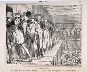 Werk von Honoré Daumier (1808-1879), Charivari, datiert 1858: Serie „Sommerskizzen. Ein Besuch in den Bädern: Die Schlange vor den Kabinentüren... Oder das Dampfbad vor dem kalten Bad“. Museum der Schönen Künste - Palais Longchamp, Marseille
