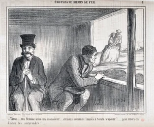 Werk von Honore Daumier (1808-1879) Charivari stammt aus dem Jahr 1858: Serie EMOTIONS EN Chemin de fer - Tiens... meine Frau mit einem Herrn... und wir sind mit voller Geschwindigkeit unterwegs!... keine Möglichkeit, sie zu überraschen!! MUSEUM DER SCHÖNE