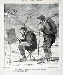 Charivari von 1864: Serie LES LANDSAGISTS IN WINTER. - Mein Alter, dein Gemälde fehlt es an Wärme - Und dem Maler auch! MUSEUM OF FINE ARTS - PALACE LONGCHAMP, MARSEILLE