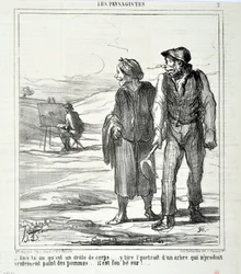 Charivari von 1864: Serie LES LANDSAGISTS. - In diesem hier ist ein lustiger Körper... zeichnet ein Porträt eines Baumes, der nur Äpfel produziert... er ist verrückt danach! MUSEUM OF FINE ARTS - PALACE LONGCHAMP