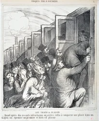 Serie „Die Vergnügungszüge“. „Wenn wir nach zehn erfolglosen Angriffen endlich einen Platz in einem Waggon erobern, erleben wir ein erstes und sehr lebhaftes Vergnügen“.
