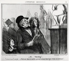 Auf der Weltausstellung: ao... schockierend! französische Übersetzung: hier ist eine Marmordame, die ein sehr leichtes und ungeeignetes Kostüm trägt. Illustration von Honoré Daumier (1808-1879), veröffentlicht in den Nachrichten, Charivari, datiert 1. Juni