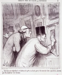 Karikatur über Kunstliebhaber. Serie „Skizze im Salon von Daumier“: „Nun, beim Betrachten dieses Gemäldes entdecken wir schließlich Qualität, wir sehen, dass die Farbe gut ist“. Gravur von Honore Daumier. Auszug aus der Zeitung „Le Charivari“