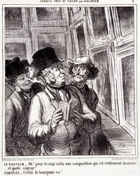 Karikatur über Kunstliebhaber. Serie „Skizze im Salon von Daumier“: „Besucher: Oh! für den Coup hier ist eine wirklich unsinnige Komposition (...). Künstler: Bürgerlicher Idiot, geh!“. Gravur von Honore Daumier. Auszug aus der Zeitung „Le Charivari“